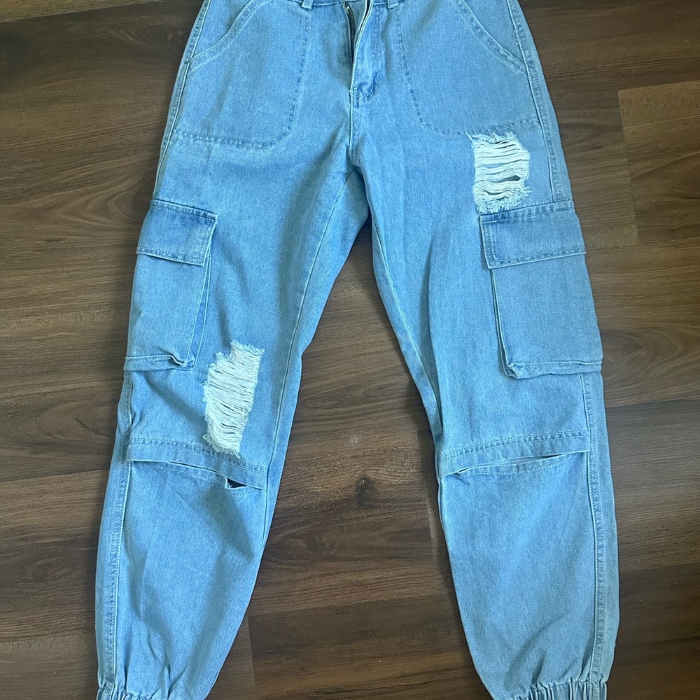 SHEIN Light Blue Distressed Cargo Jeans